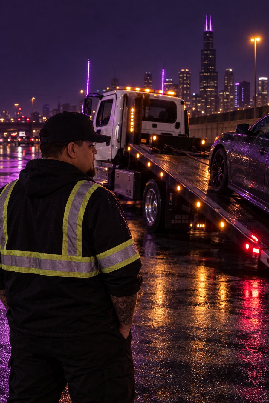 Driver watching a car load onto the flatbed