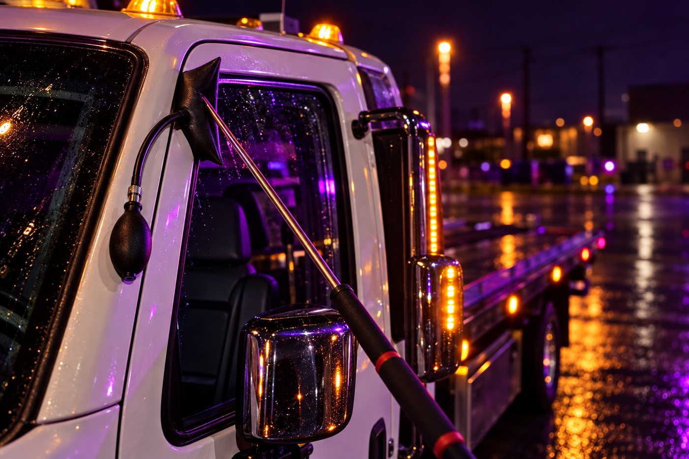 Chrome mirror and cab detail at night