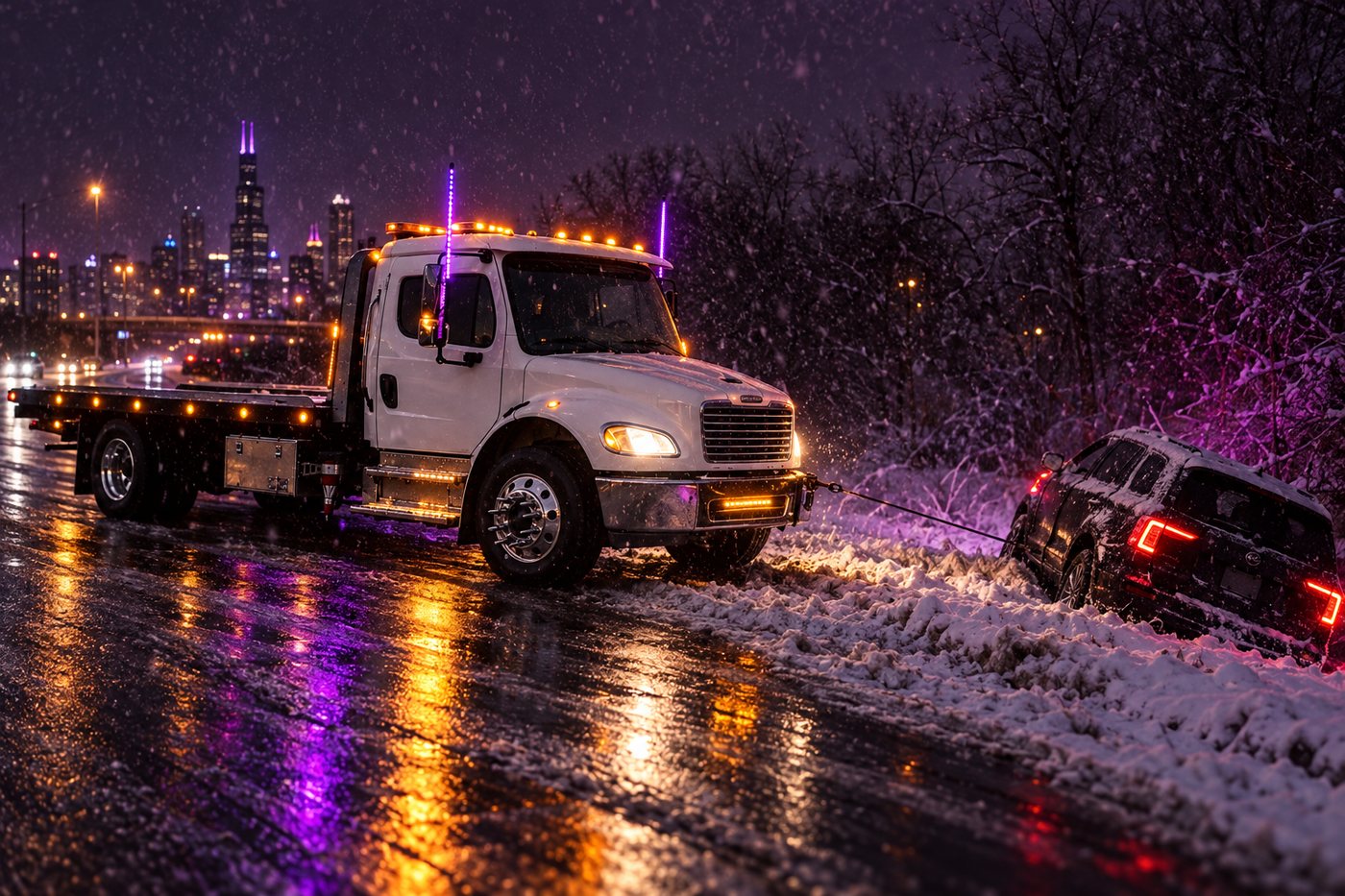 Winching a car out of a snowy ditch