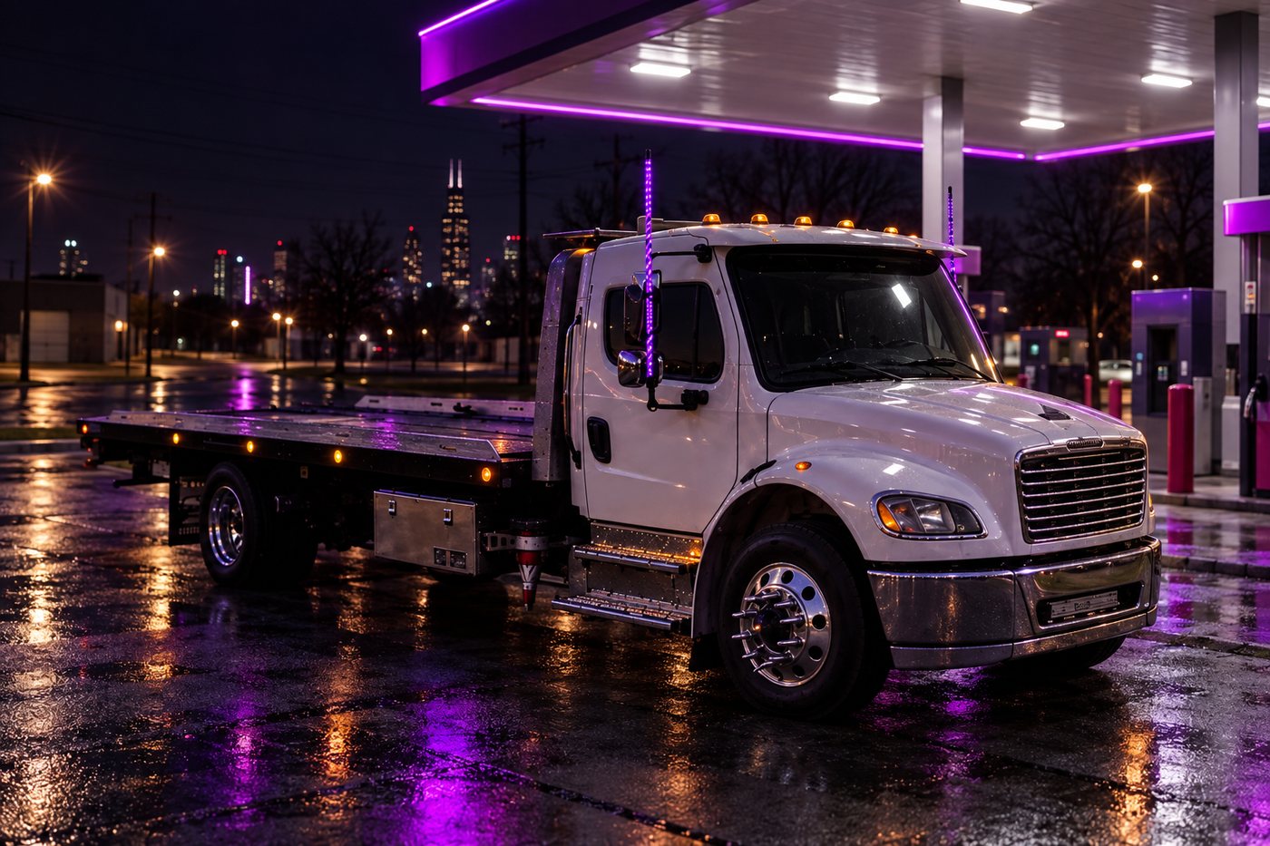 Tow truck at a gas station at 3am