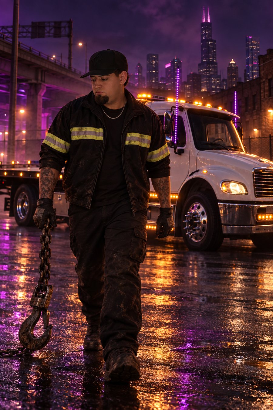 Driver walking with tow hook and chain